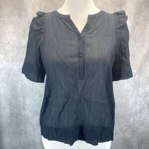 NWT Marie Oliver XS Top Sheer Black w/Gold Metallic Pinstripes Ruffled Cap Slv